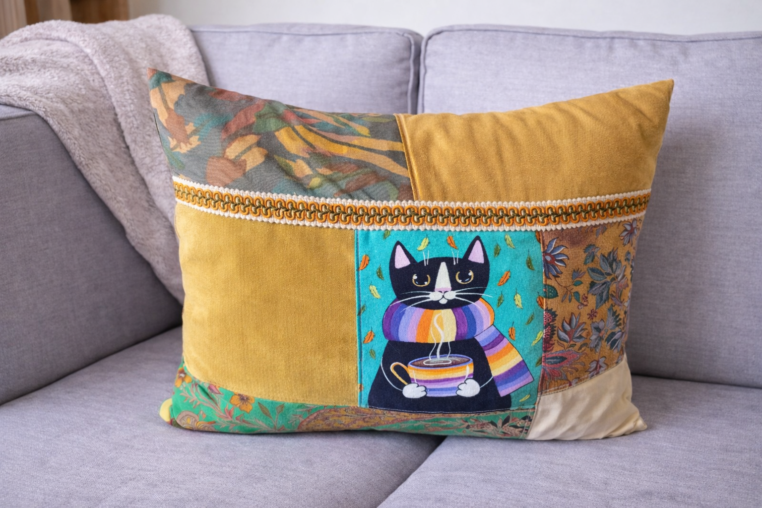 Coussin chat écharpe