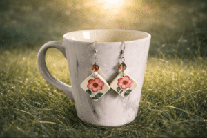 boucles d&rsquo;oreilles en vaisselle ancienne marguerite rose