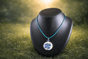 Collier en vaisselle ancienne fleur bleu